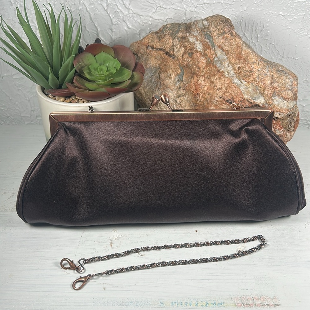 Carlo Fellini Beaded Kiss Lock Crossbody Clutch Wristlet 2 Chains Brown Copper - Picture 3 of 15